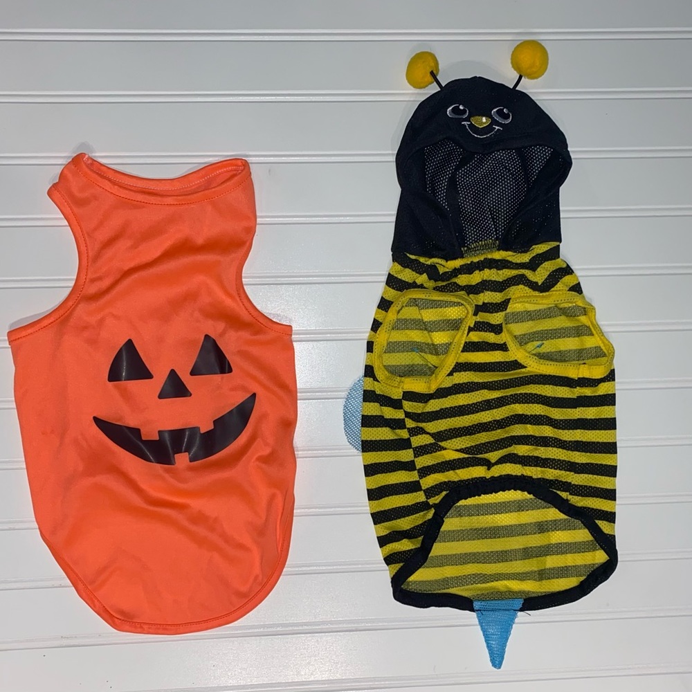 Dog Halloween Costume Set of 2 Size Small Pumpkin and Bumble Bee with Hood Doggy